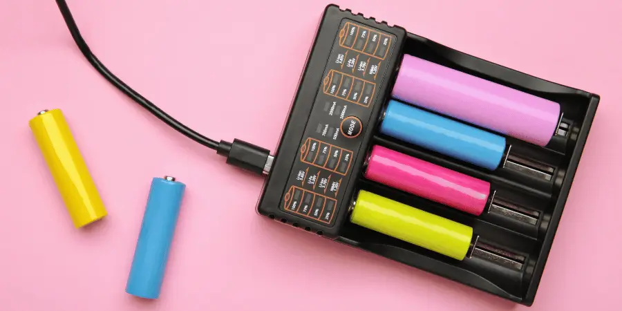 Battery charger with multiple colored rechargeable batteries and one loose battery on a pink background, close-up view
