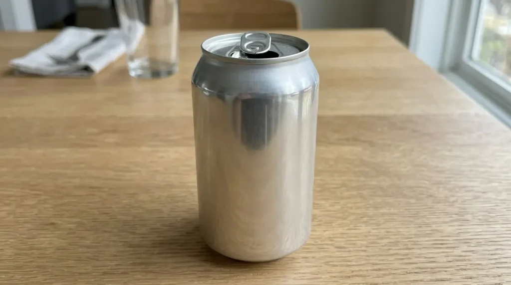 Aluminum soda can standing on wooden table with natural light, realistic everyday object and soft reflections