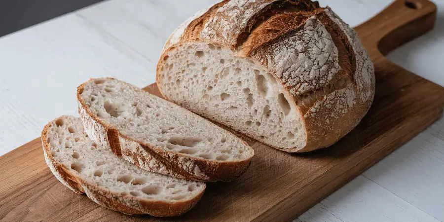 Fresh loaf of bread sliced into pieces placed on a wooden cutting board surface