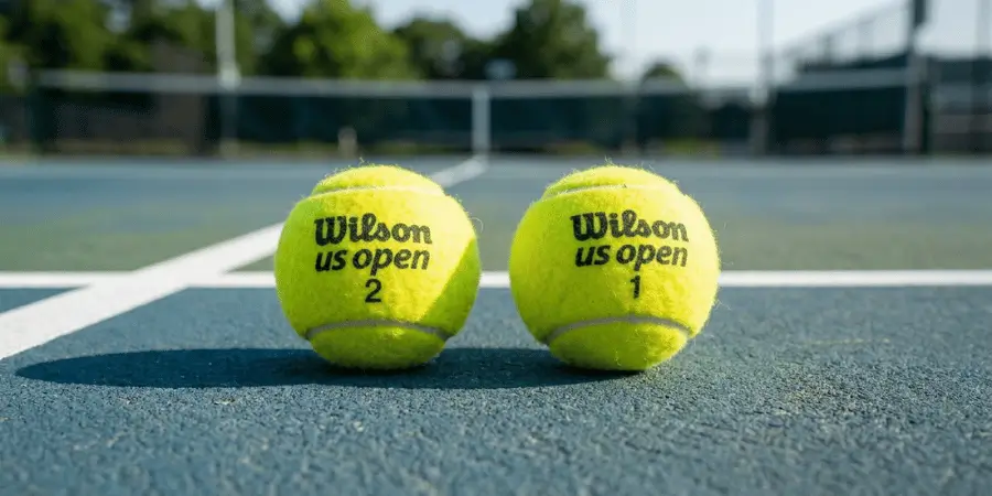 Two tennis balls placed side by side on outdoor tennis court with clear spacing between them