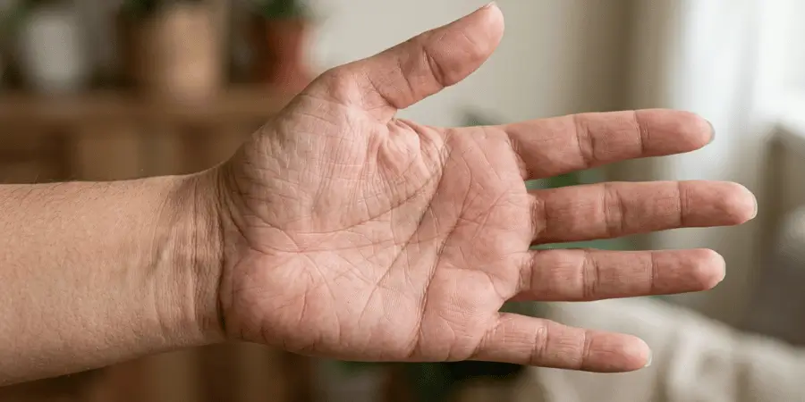 Open adult palm held sideways indoors showing average palm width for everyday size reference