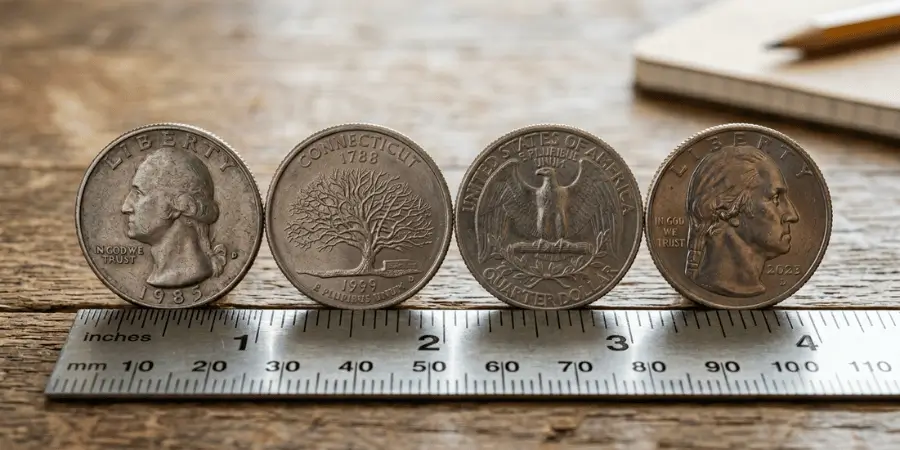 Four US quarter coins beside metal ruler showing 4 inches measurement comparison reference image