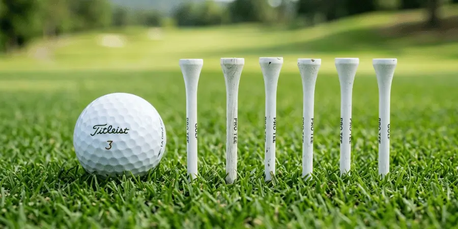 Golf ball and six white golf tees placed on grass in natural outdoor lighting setup