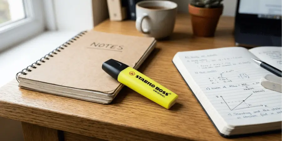 Yellow highlighter placed on study desk beside notebooks with natural indoor lighting setup