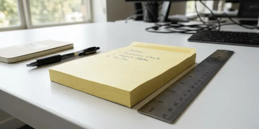 Large yellow sticky note pad beside ruler showing how long is 4 inches using office supplies
