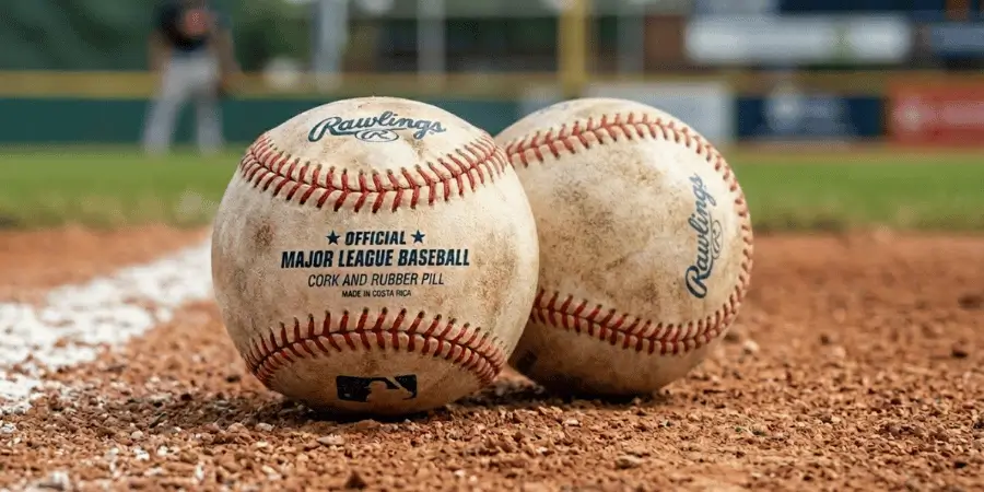 Two baseballs placed on baseball field dirt with visible spacing between both baseballs