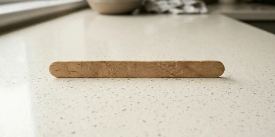 Wooden popsicle stick placed flat on kitchen countertop with natural daylight and soft shadows