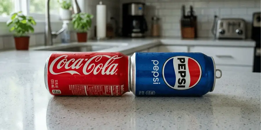 Two soda cans placed horizontally on kitchen counter showing how long is 4 inches comparison