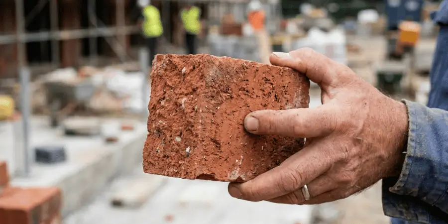 Half red construction brick held in hand at construction site with detailed rough clay texture