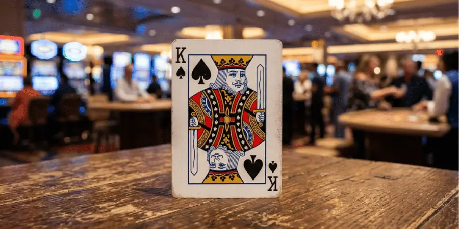King playing card standing upright on wooden table with blurred casino style background lighting
