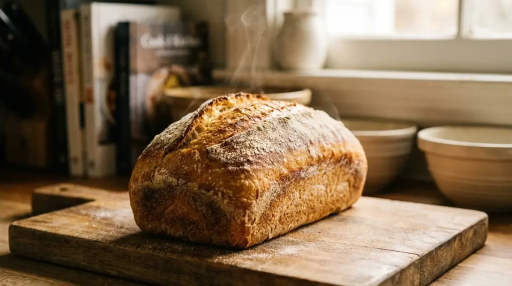 Bread loaf resting on a wooden cutting board