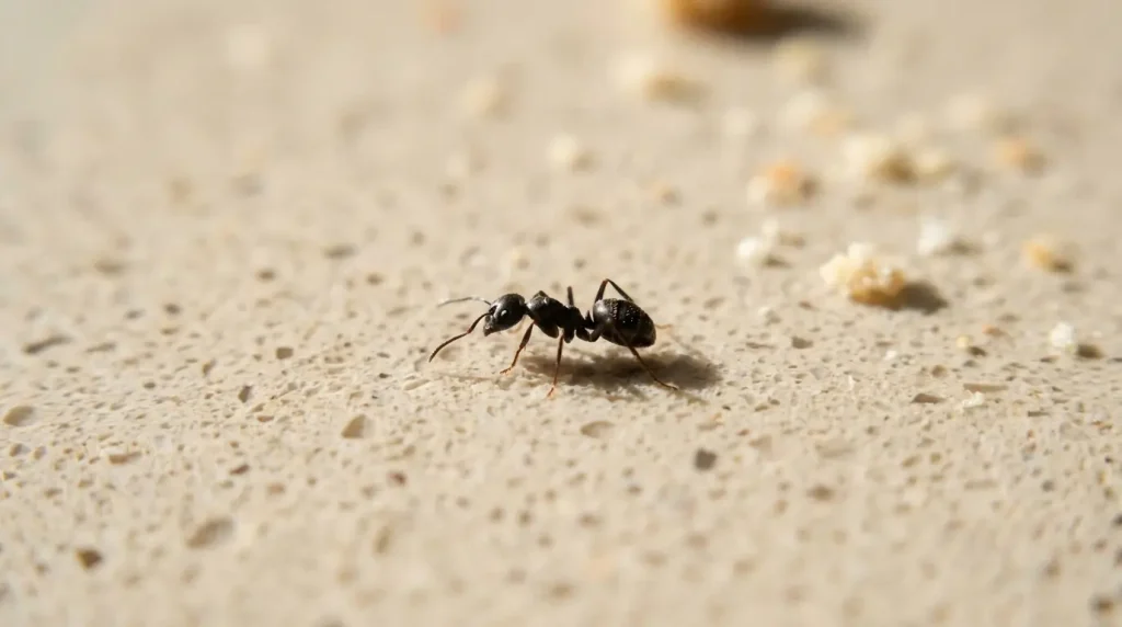 A tiny black ant crossing a kitchen counter, its small body size offers a natural everyday length comparison.