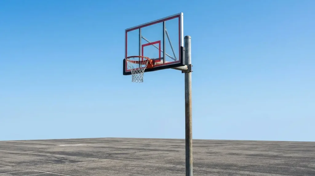 Basketball hoop photographed against a clear sky