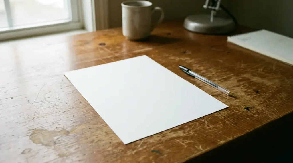 A blank sheet of paper on a wooden desk, one of the most common office items used to estimate everyday lengths.