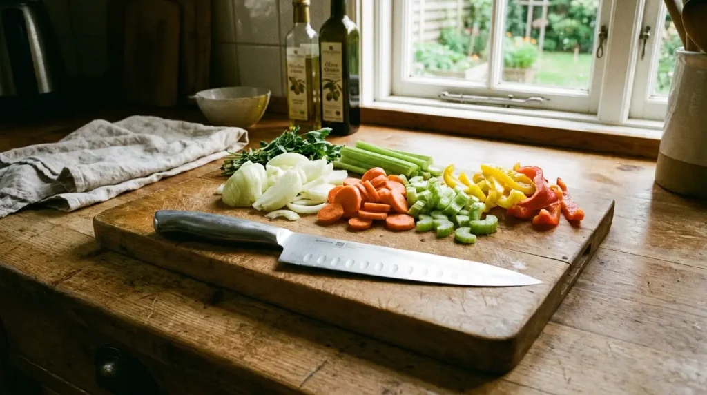 A chef's knife on a wooden cutting board, a professional kitchen tool showing how big 10 inches feels in hand.