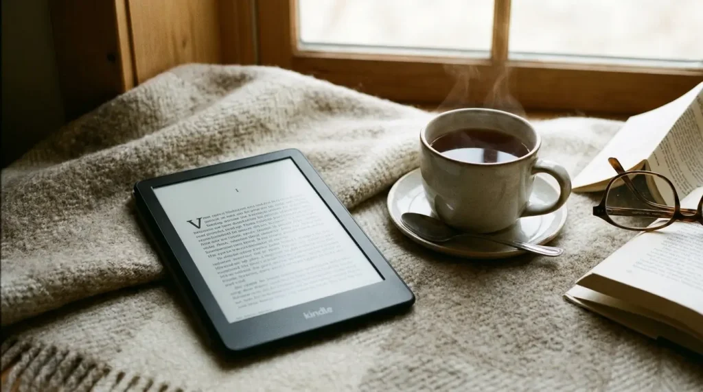 An e-reader resting on a cozy blanket next to a cup of tea, a lightweight gadget for comparing everyday object sizes.