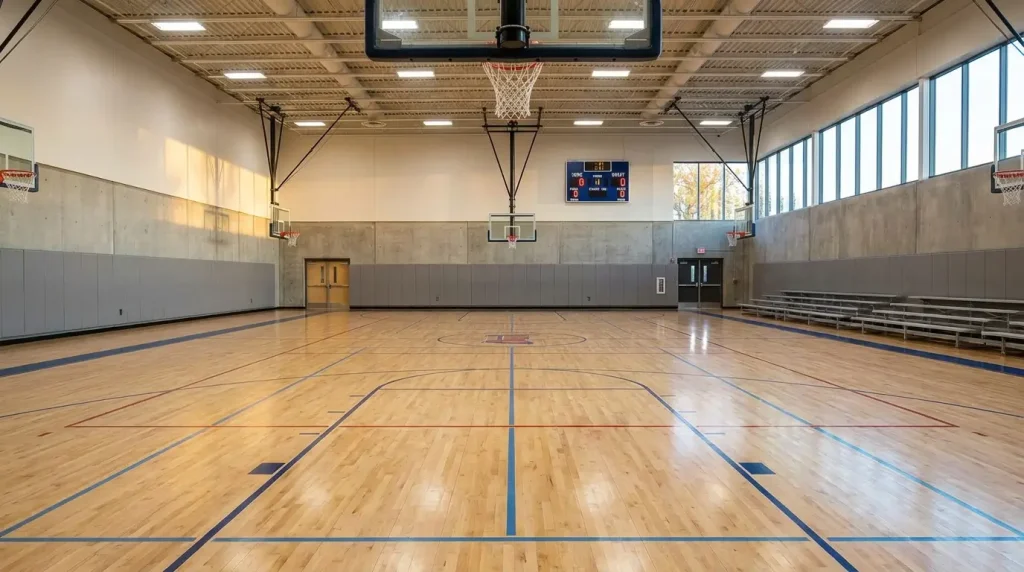 Indoor basketball court viewed from the baseline
