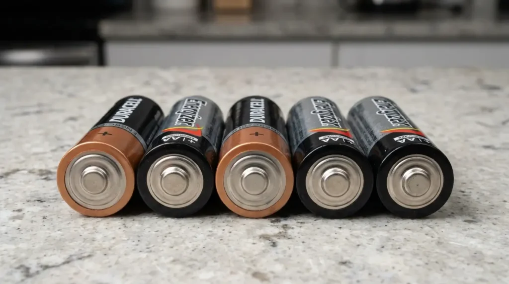 Five AA batteries placed end to end on a countertop, showing how common household items help estimate length.