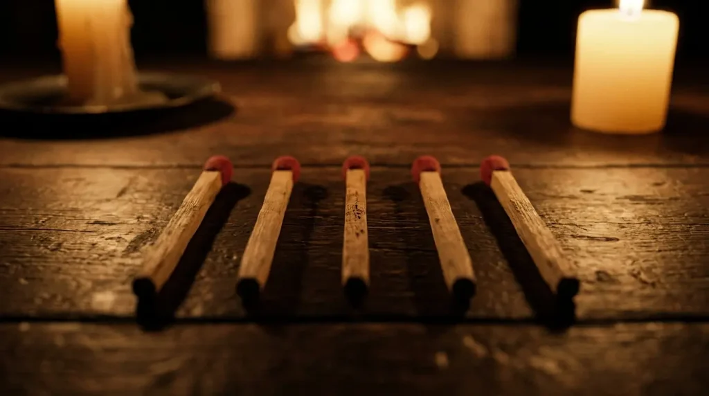 Five wooden matchsticks lined up in a row on a table, a handy household trick for estimating small lengths.
