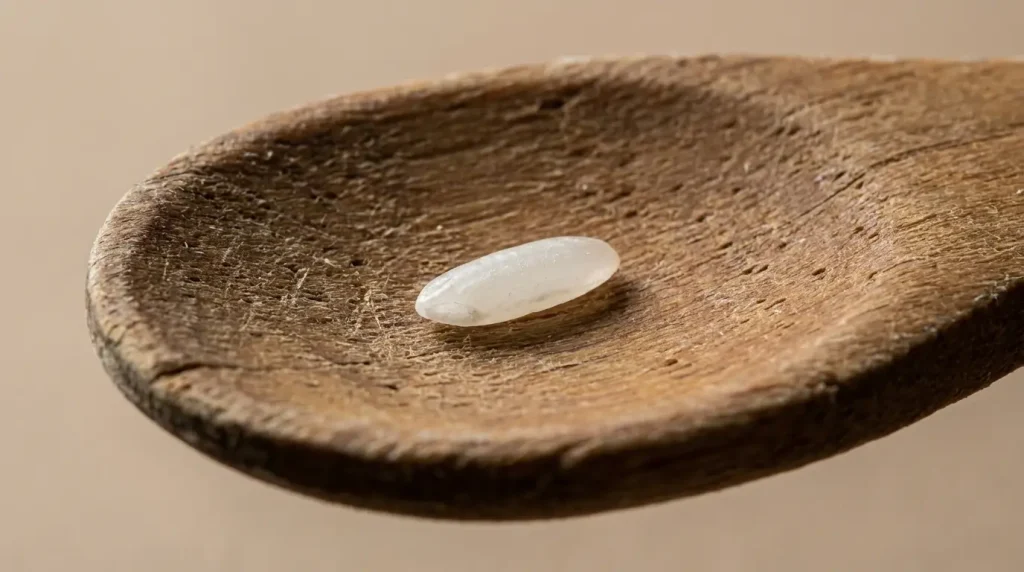A single grain of rice on a wooden spoon, its width is a simple kitchen reference for visualizing 2mm easily.
