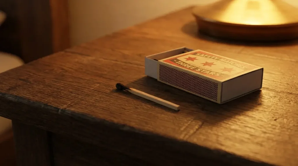 A wooden matchstick resting beside its box on a table, a familiar household object for comparing tiny widths.