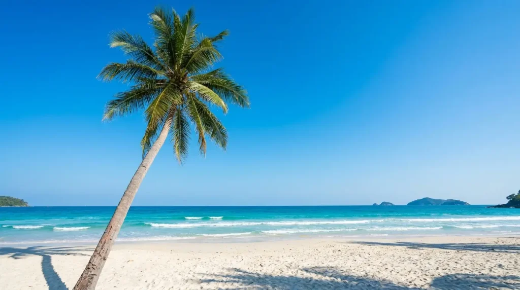 Coconut palm tree standing on a tropical beach