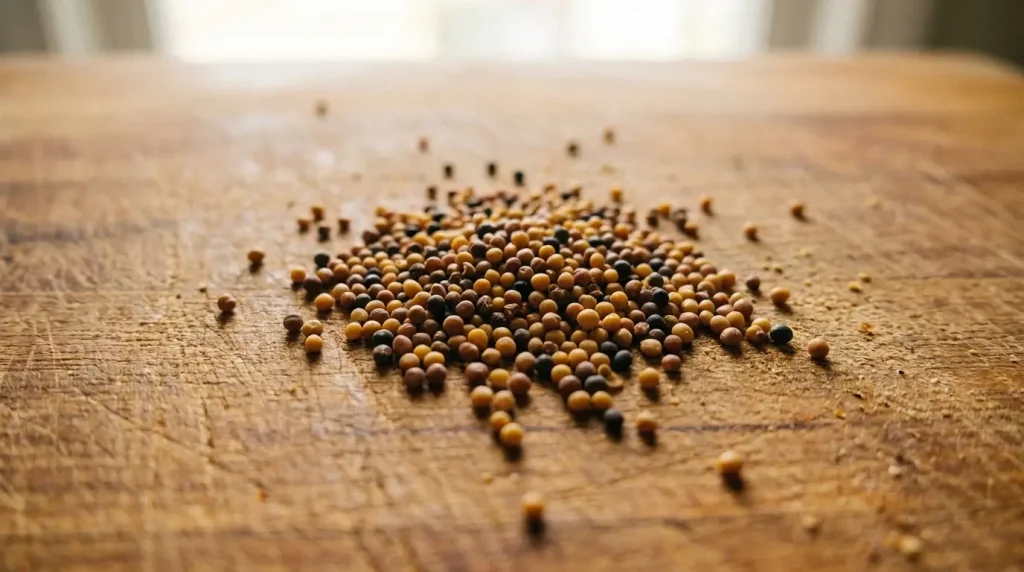 A small pile of mustard seeds on a kitchen counter, these tiny seeds are a classic natural way to visualize 2mm.