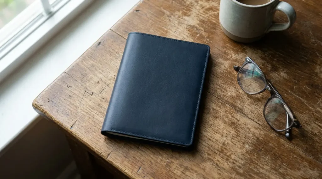 Closed passport booklet on a wooden desk