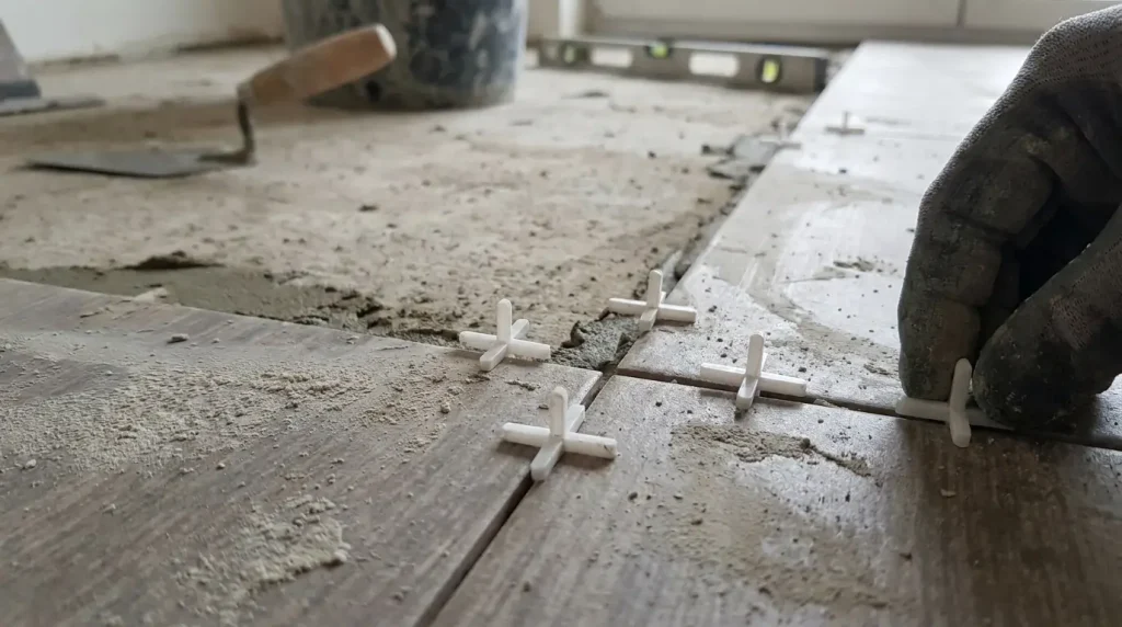 Plastic tile spacers placed between floor tiles, a practical home renovation tool for keeping consistent gaps.