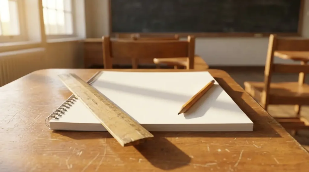 A wooden ruler resting beside a notebook on a desk, a classic tool students use for measuring everyday objects.