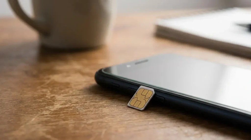 A SIM card resting beside a smartphone on a desk, a common tech item used to compare very thin measurements.
