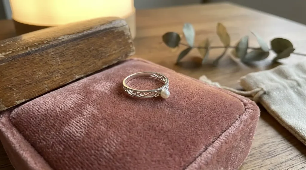 A delicate silver ring resting in a jewelry box, its thin band shows how precise small-scale jewelry design is.
