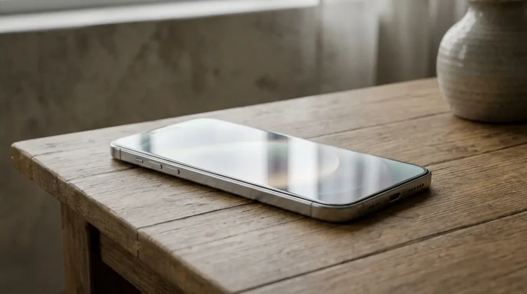 A smartphone lying on a table with its screen catching the light, showing how thin modern display glass really is.