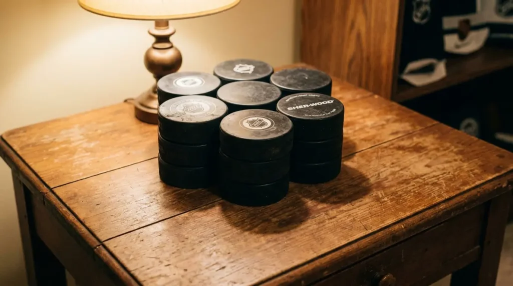A stack of black hockey pucks on a wooden table, a fun sports-themed way to visualize everyday length at home.