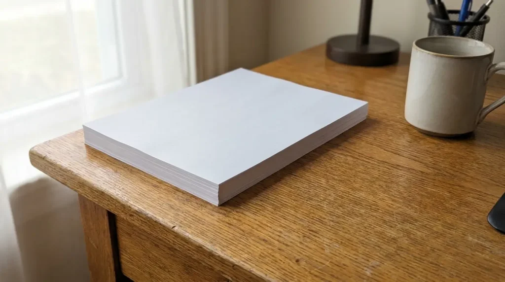 A small stack of printer paper sheets on a desk, an easy office comparison for understanding accumulated thickness.