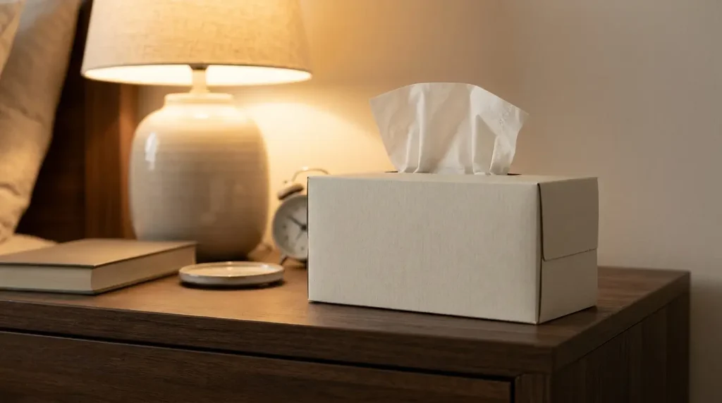 Rectangular tissue box measuring close to nine inches