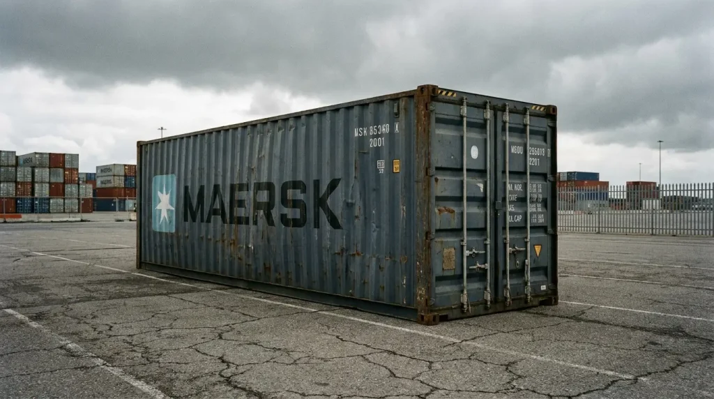 Steel shipping container sitting at a cargo port