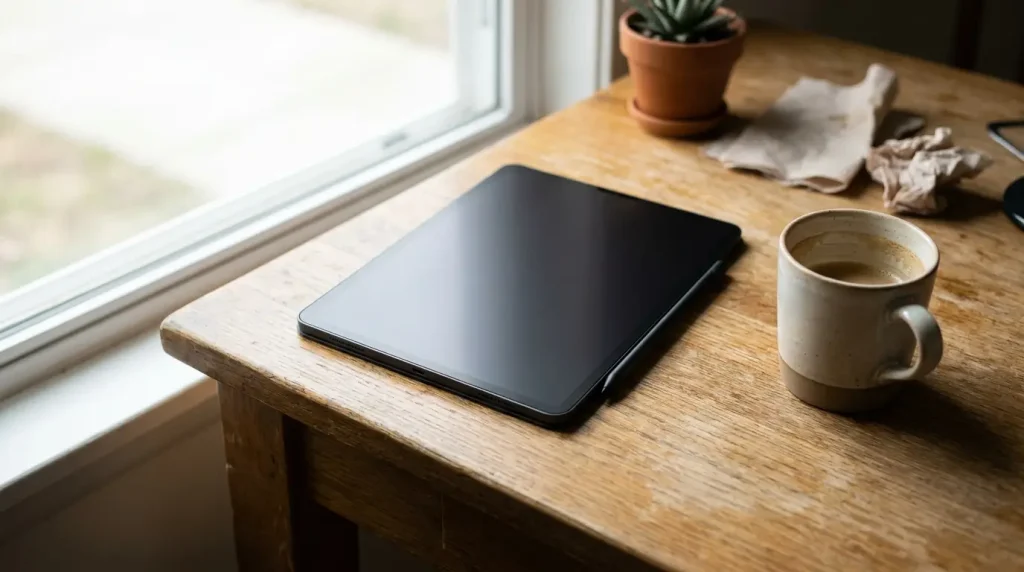 A modern tablet resting on a desk, one of the easiest tech gadgets for visualizing how big 10 inches actually looks.