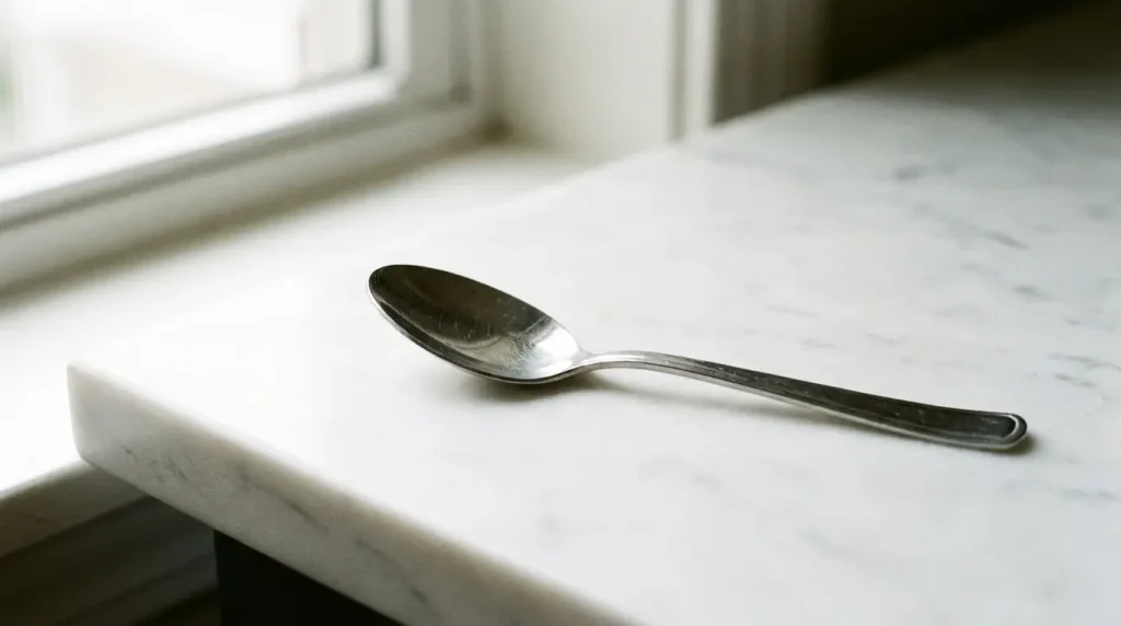Teaspoon placed on a kitchen countertop