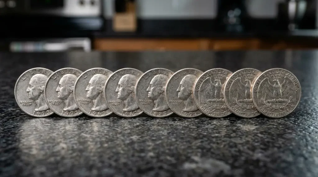 Ten quarters arranged in a row on a countertop, a pocket-change trick for estimating small distances on the go.