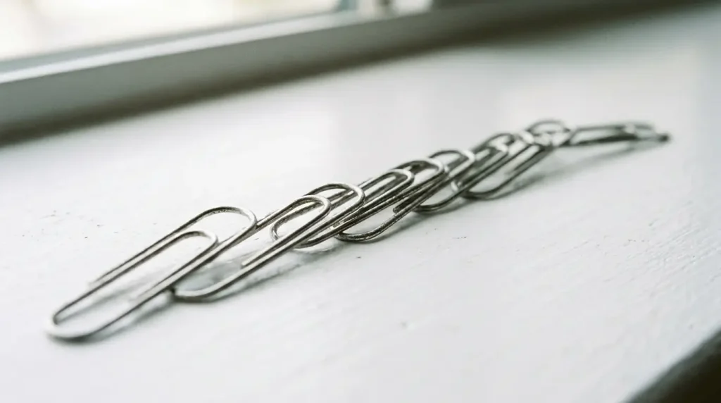 Ten silver paper clips arranged end to end on a white desk, a simple household length comparison without a ruler.