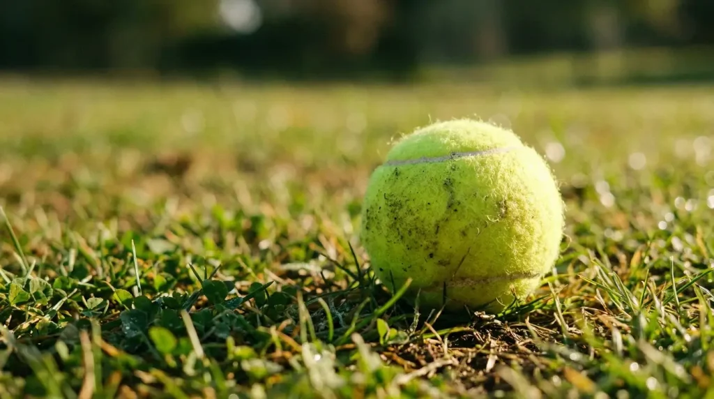 Tennis ball resting on a grass court