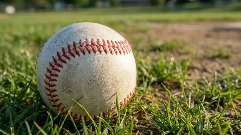 Baseball resting on a grass field