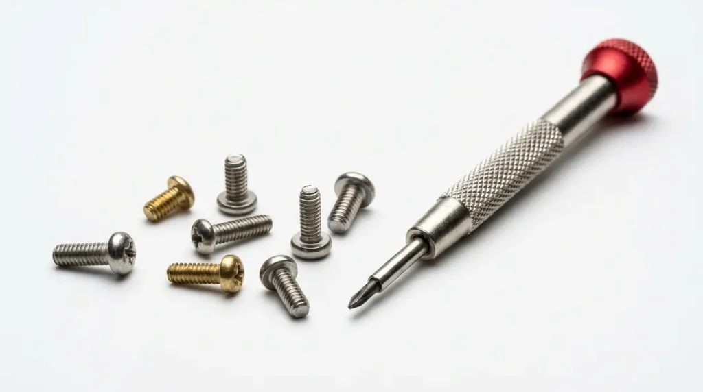 Tiny metal screws next to a small screwdriver, these delicate parts show precision engineering at a small scale.