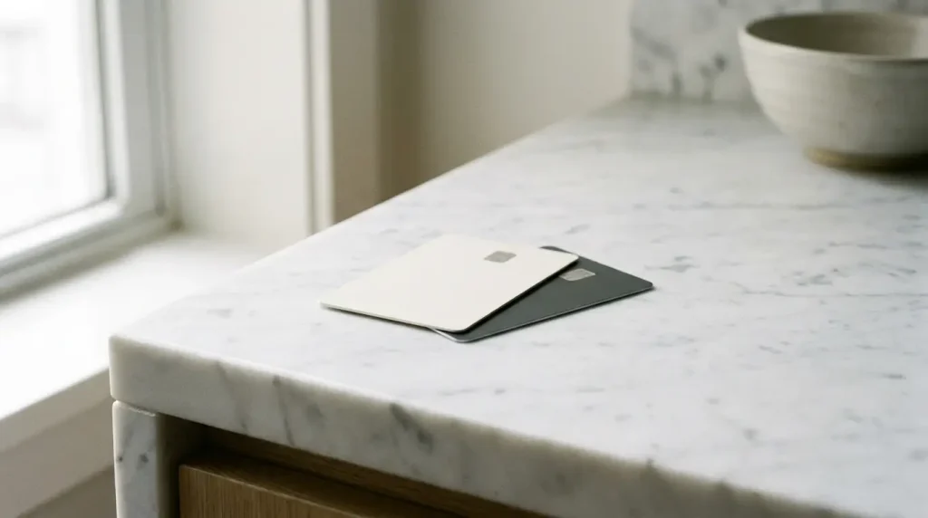 Two credit cards stacked together on a countertop, a simple wallet trick for visualizing a measurement close to 2mm.