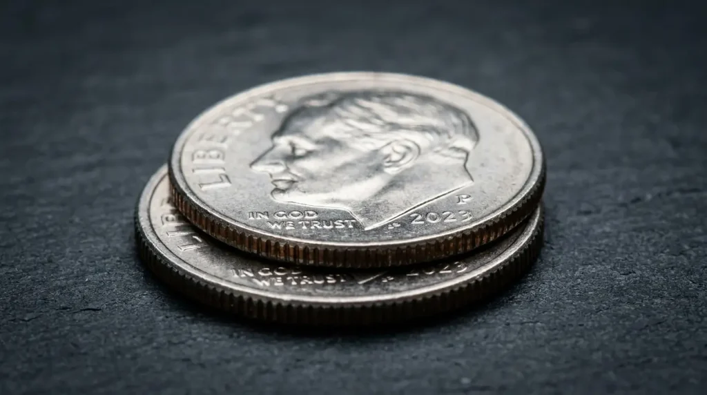 Two dime coins stacked on a countertop, a simple pocket-change trick for estimating very small measurements.