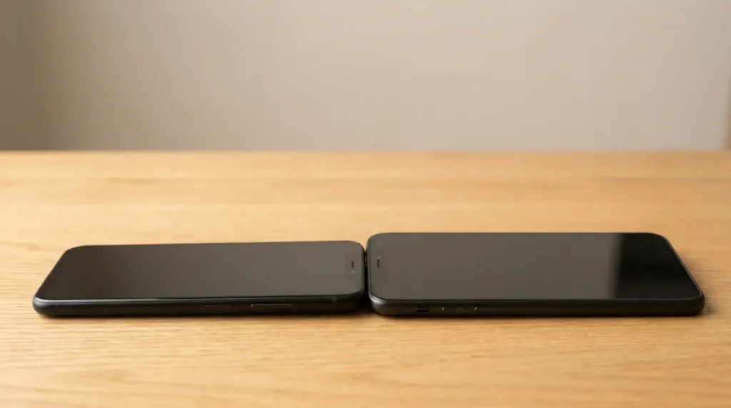 Two smartphones placed end to end on a table, a pocket-sized gadget trick for estimating length without a ruler.