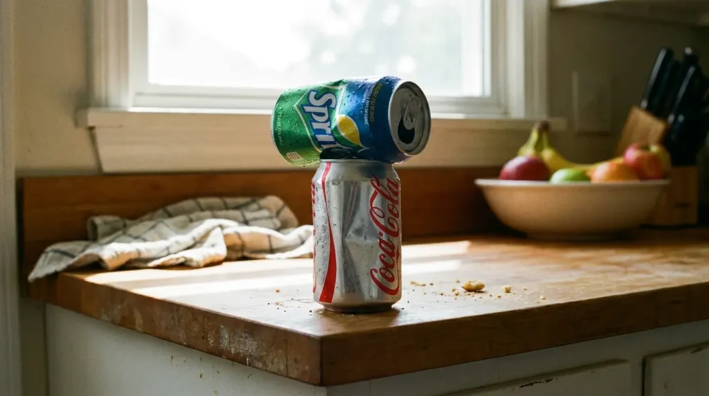 Two soda cans stacked on a kitchen counter, an easy household object for comparing everyday lengths without tools.