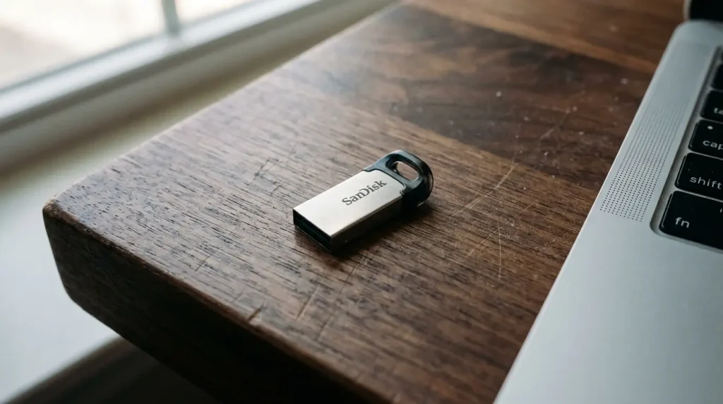 USB flash drive on a wooden desk