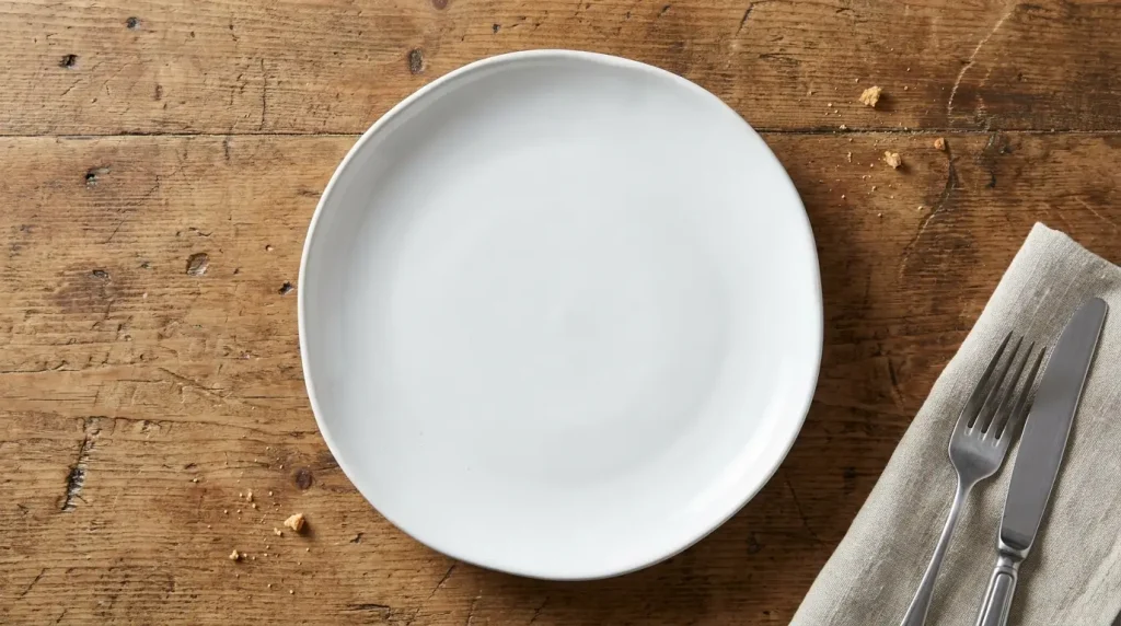 A white ceramic dinner plate on a wooden table, the most familiar kitchen item for picturing how big 10 inches is.